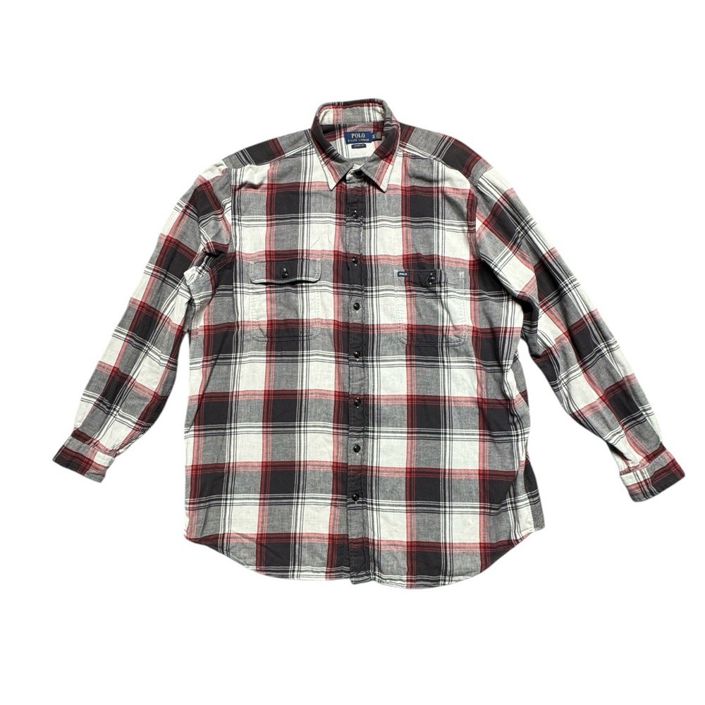 Polo Ralph Lauren Shirt Men 2XLT White‎ Black Red Plaid Long Sleeve Button Up